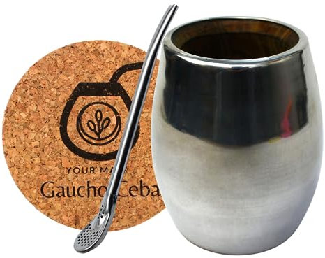Juego para té Yerba Mate | Hecho a mano mate taza de té Palo Santo totalmente revestido de metal mate taza | pajita de acero inoxidable bombilla para té mate de 12,5 cm | almohadilla de corcho | Set
