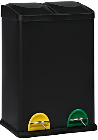 EVRE 40 L Recycling Pedal Bin 2 x 20 Litre Rectangular Double Compartment Rubbish Separation with Removable Buckets, Odour Seal & Anti-Marking Finish (Black)