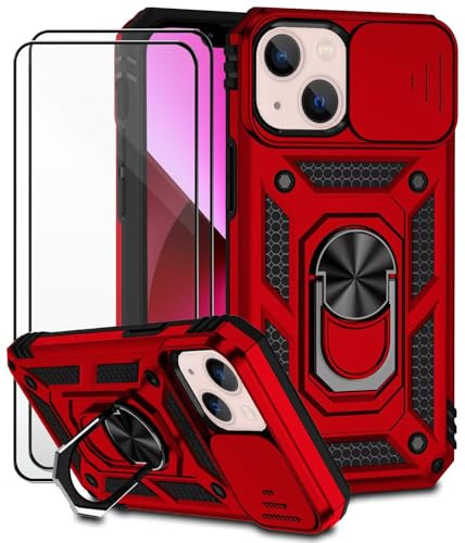 Dechyi Funda para iPhone 13 Mini Carcasa Cubierta de Cámara Deslizante Vidrio Templado con Soporte de Anillo-Rojo