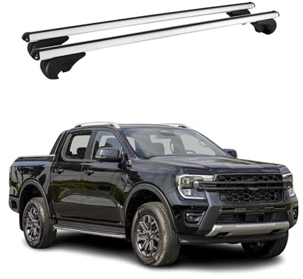 OMAC Dachträger für Ford Ranger 2011-2026 Aluminium 2 Stangen Silber | TÜV/DIN 75302:2019 geprüft, Abschließbar, bis 75 kg Traglast, Querträger, Grundträger