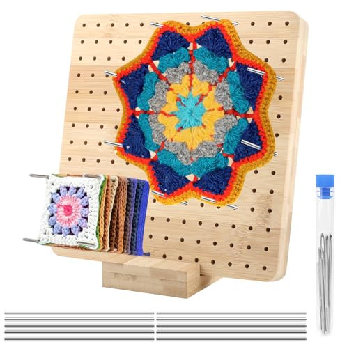 Sperrbrett Für Granny Square, Blocking Board 19.5 x 19.5 cm, Wooden Blockierbretter mit 10 Edelstahl Stabstiften Und 5 Nadeln, Wooden Sperrbrett Häkeln um Kleine Strick oder Häkel Teile zu Spannen