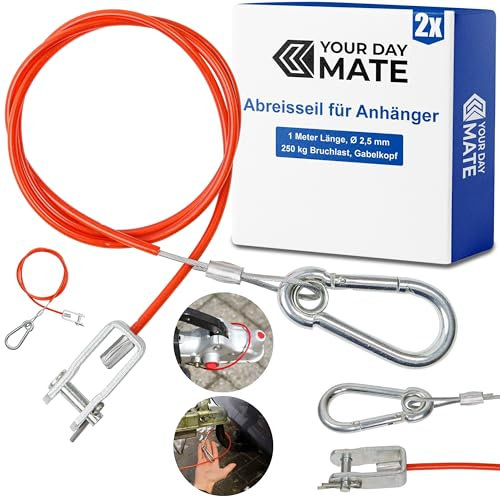 Abreisseil für Anhänger, 2 Sets, 1 Meter x Ø 2,5 mm Stahlseil mit Gabelkopf und Splintbolzen, 250 kg Bruchlast, in Rot, für alle Arten von gebremsten Anhängern und Wohnwagen, ummanteltes Fangseil AHK