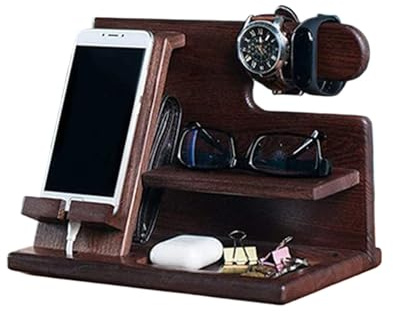 CATPAN Docking station per telefono in legno da uomo: supporto per telefono cellulare, organizer per tenere orologi, portafogli, chiavi e occhiali, comodino in legno per scrivania, regali per marito
