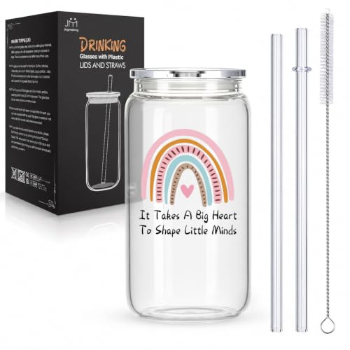 Joymaking Drinking Glasses with Plastic Lids and Glass Straws, Iced Coffee Tea Glass Gifts for Teacher, Teacher Leaving Gifts, Presents for Graduation 16oz