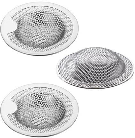 Set med 3 diskbänkssil i rostfritt stål med handtag, anti-igensättning - för badrumsavlopp och diskmaskin