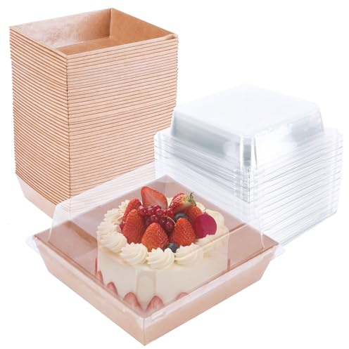 50pcs Cake Boxes for Cake Portions, Kraft Paper Cakes Slice Boxes is Oil Proof, 12cm Single with Transparent Cover Suitable for Holiday Parties Shops Weddings Baby Showers Birthdays