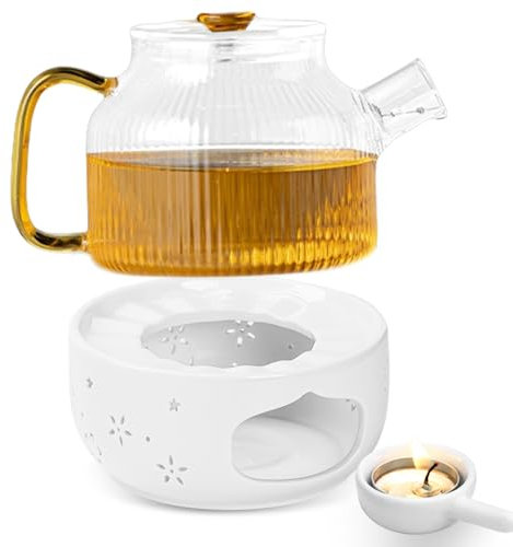 PRITOK Keramik Teekanne Wärmer Mit Teelichthalter - Weiss Hohl Geschnitztes Stövchen für Teekanne und Kaffee