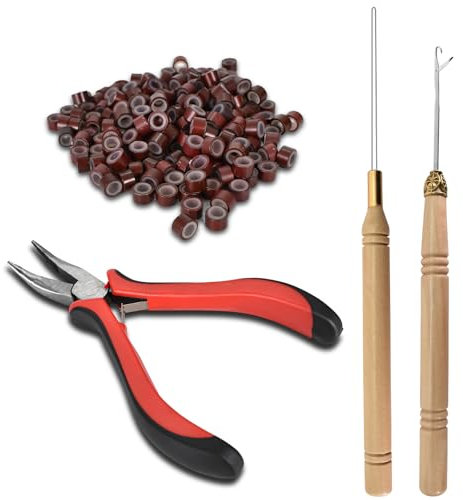 Naapesi Hair Extension Tool Kit, 1 Pliers + 1 Pulling Hook + 1 Loop Needle Threader + 200 Pieces Micro Silicone Nano Rings Beads, Hair Extension Tool for Tinsel Feather Extensions (Dark Brown)