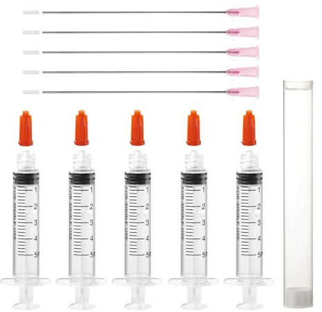 5 Stück 5 ml Spritze Set mit Stumpfen Nadeln,Luer-Lock-Spritzen mit 18G 117 mm langer Stumpfer Kanüle für DIY,Klebstoffe,Industrie,Tinte,Labor,Öl,Flüssigkeiten und Tierfütterung