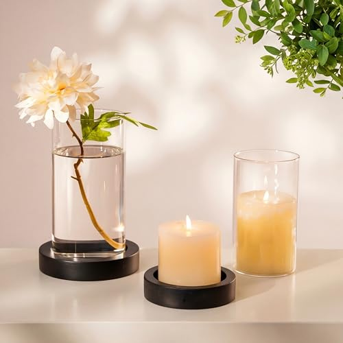 NUPTIO Schwarz Deko Wohnzimmer Windlicht: 2er Holz Kerzenständer Glas Kerzenhalter Set Gläser Windlichter Stumpenkerzen Tischdeko Esstisch Badezimmer Outdoor