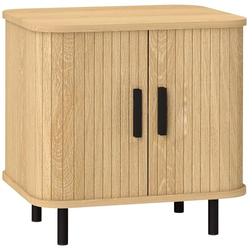 HOMCOM Table de Chevet, Table d'appoint, Table de Nuit Style scandinave 2 Portes coulissantes et Pieds en Acier pour Chambre, Salon, 48 x 40 x 48 cm, Aspect Bois
