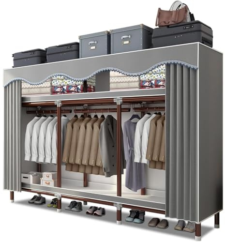 EZZPGDKU Kleiderschrank, Faltschrank Stoffschrank Stabil mit Dicker Satinstoff, 200x46x170 cm Schlafzimmerschrank mit Kleiderstange, Mobiler Kleiderschrank, Kleiderständer aus Metall, Freistehender