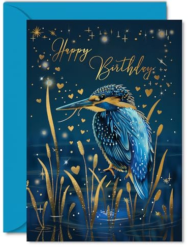 Beautiful Gold Birthday Cards - Wonderful Golden Kingfisher - Pretty Traditional Elegant Birthday Card for Friends Family Colleagues Neighbour, A5 Gorgeous Greeting Cards Gift