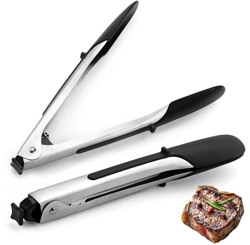 2Pack Kitchen Tongs for Cooking, 9inch Food Tongs Durable, Stainless Steel Kitchen Silicone Tip with Lockable Handle, Silicone Non Stick Barbecue Tongs for air Fryer, Salad Tongs Pasta