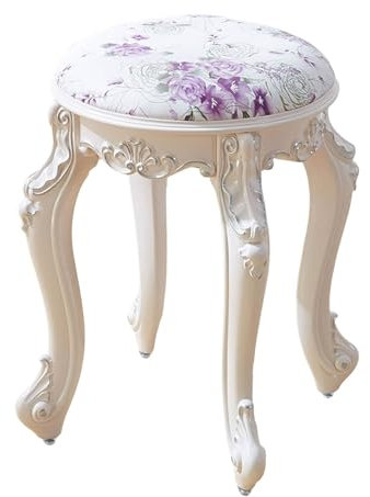 Round Vanity Chair For Bedroom 43cm Seat Height Padded Vanity Stool Portable Makeup Chair Scandinavian Style Vintage Foot Stool For Small Spaces Living Room Bedroom(Purple Flower PU Leather Silver Leg