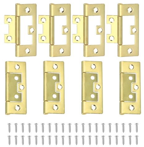 sourcing map Non-Mortise Door Hinges, 2.5 x 1 Non Mortise Bifold Butt Door Hinges Heavy Duty Steel Flush Cabinet Hinges with M4 Screws for Bathroom Windows Cupboard Gold Pack of 8
