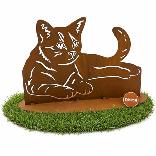 Der-Porzellan-Laden Gartenfigur Katze wetterfest für draußen, Edelrost Metall Dekofigur auf Platte, rostbraune Gartendeko aus Metall im Landhausstil, standfest, liegend, ca. 31 x 20 cm