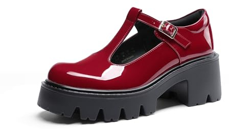 DREAM PAIRS Dam T-rem Mary Jane-skor plattformsklänning låg klack tjocka pumps rund tå ankelrem Oxfordskor, Röd, 41 EU
