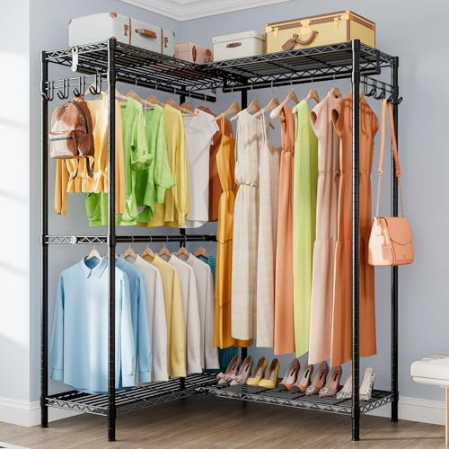 KZOBYD Kleiderständer mit Höhenverstellbaren Einlegeböden (Schwarz) | 145 x 40 x 193 cm, 4 Regale, 3 Hängefächer, L-Form, Metall Kleiderstange, Kleiderschrank offen, für Schlafzimmer Wohnzimmer