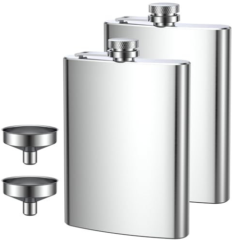 2 pcs Flachmann Edelstahl, Flachmann Set aus Edelstahl, Aus 304 Edelstahl, für Whiskey, Rum, Wodka, Geeignet für Wandern und Party(8 oz. 220ml), Silber