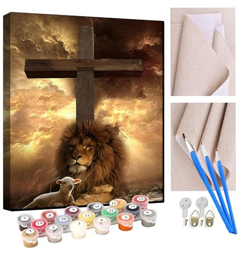 KANGBAWA Malen Nach Zahlen Erwachsene kreuz löwe tier AnfäNger Knitterfreie Leinwand Pinsels Und Acrylfarbe - Diy Handgemalt öLgemäLde Kit Als Geschenk 40 X 50cm