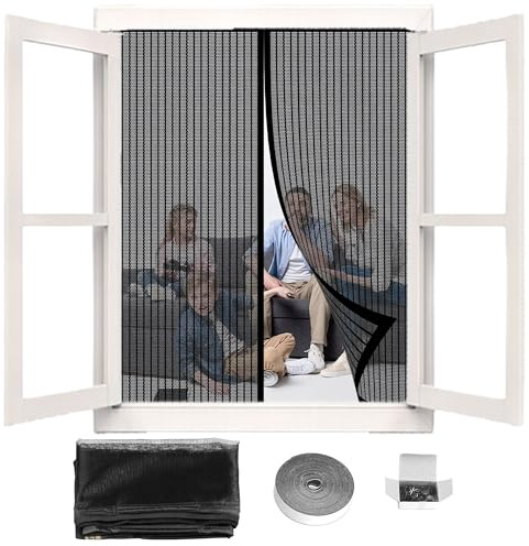 Zanzariera Magnetica Finestra Regolabile 107 x 121 cm Chiude da Sola Zanzariera a Strisce Resistente Traspirante per Porte Balcone, Terrazza, Nero