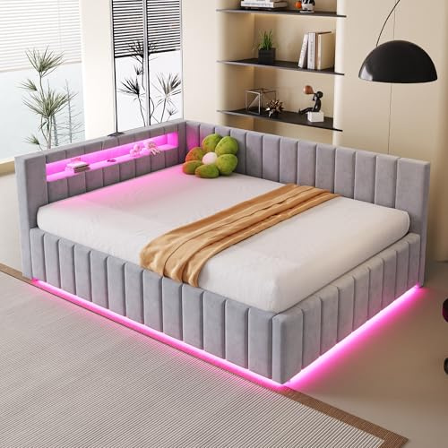 ZYLOYAL10 Polsterbett Schlafsofa 140x200, Mit hydraulischem Stauraum, Mit L-E-D-Licht und USB-Ladeanschluss, Mit Rückenlehne, Kopfteil und Stabilem Bettrahmen, Samtstoff (Hellgrau, 140x200)