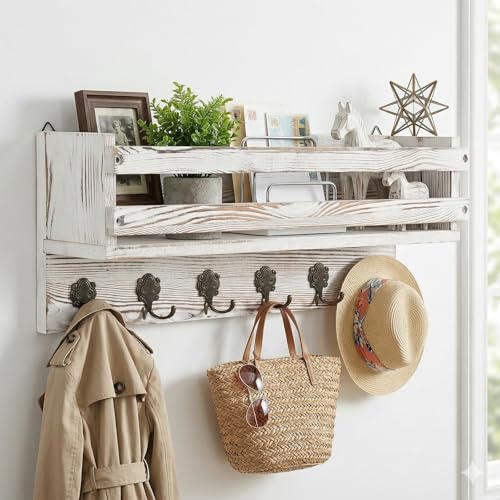 Bekrvio Pine Wood Coat Hooks Wall Mounted with Shelf and 6 Hooks, Wall Storage Cabinet Unit for Entryway, Hallway, Kitchen or Living Room, 58 × 13.5 × 22 CM