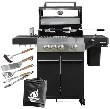 Feuergott Gasgrill Hektor 3B-S inkl. Drehspieß, Abdeckhaube - All Inclusive mit 4 Grill-Utensilien - 3 Brenner, Sear-Brenner, Gusseisenroste, Seitenkocher für Garten und Terrasse
