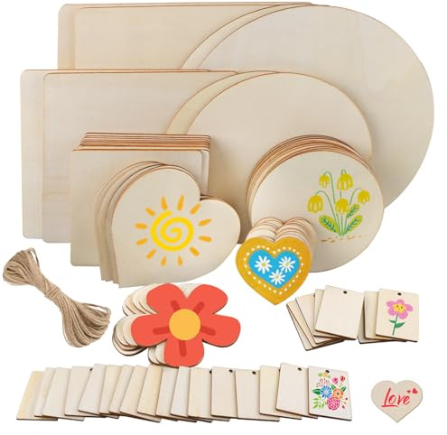 73stück Unbehandeltes Holzplatte zum Basteln,Brandmalerei Holz mit Hanfseil | Herz, Rund und Quadratisch Holzscheiben Rohlinge für DIY Ornamente,Brandmalerei, Malerei, Schreiben