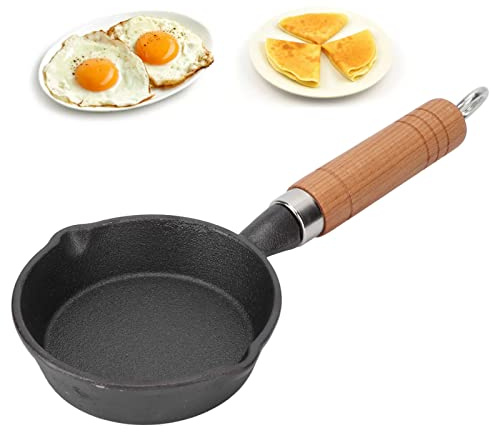 Agatige 10CM Cast Iron Mini Frying Pan with Wood Handle, Small Egg Pan Pancake Maker for Induction Gas Oven Flat Bottomed Skillet Single Serving Camping Breakfast Cooking