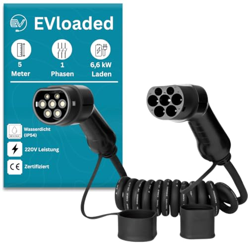 EVloaded | Cavo di ricarica a spirale tipo 2 a tipo 2 | 32 A 1 fase 6,6 kW | 5 m Cavo di ricarica EV per auto elettrica | Cavo a spirale per ricarica flessibile | Compatibile con Wallbox e colonna di