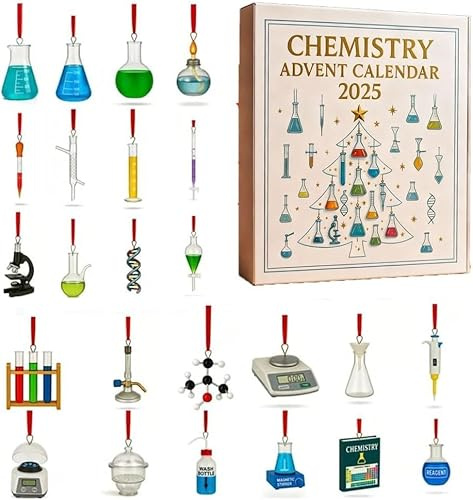 Chemie Adventskalender 2025, 24 Lab-inspirierte Weihnachtsdekorationen, Wissenschaftsthema Geschenkbox mit Laborausrüstung Ornamenten, pädagogische Feiertagsdekoration