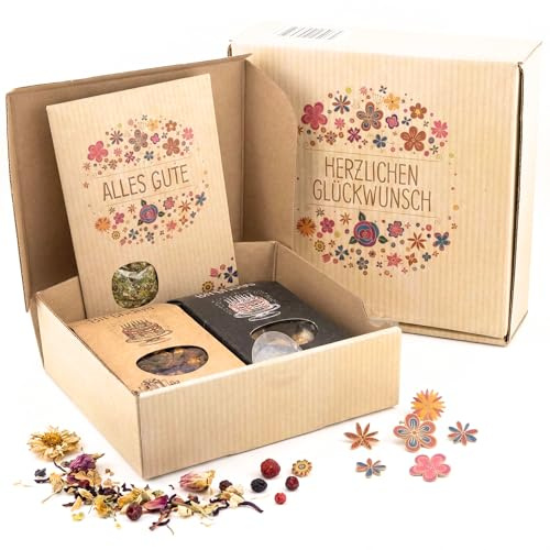Geburtstags Geschenkbox mit Tee Schoko-Rosinen & Gewürzsalz | Genuss Geschenkset zum Geburtstag mit Tee, Schoko-Rosinen, Gewürzsalz und Grußkarte - Geschenk für Frauen und Männer