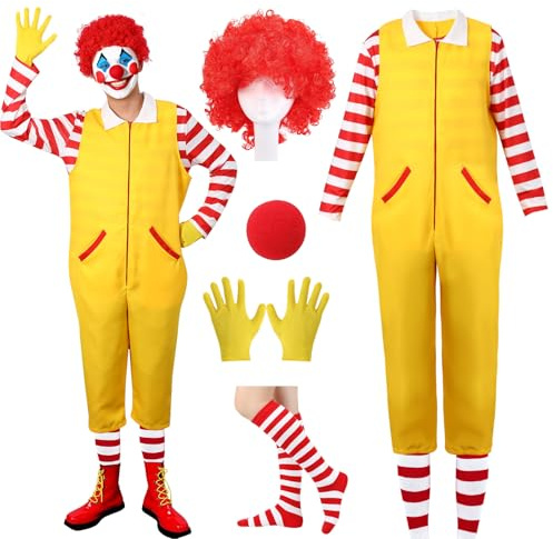 Dtiaagto Disfraz de payaso para adultos, 6 piezas, peluca roja y nariz roja para circo, carnaval, cosplay y fiestas