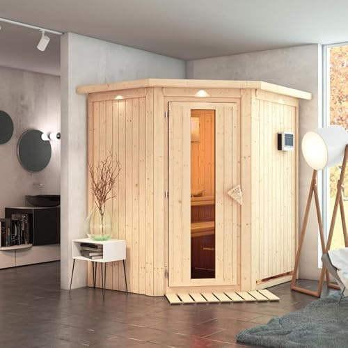 Karibu Sauna d'Angle Traditionnel Taurin | 2-3 Places, Poêle 9 kW, Couronne Lumineuse | Bois Massif 68mm, Porte Isolée, Fenêtre Verre Trempé | 184x165x202cm