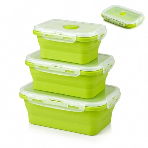 HMCEY 3 Piezas Recipientes Plegables de Silicona 300/500/800 ML,Recipientes Herméticos para Alimentos con Tapa, Food Container,Contenedores de Almacenamiento de Alimentos para Cocina, Camping, Picnic