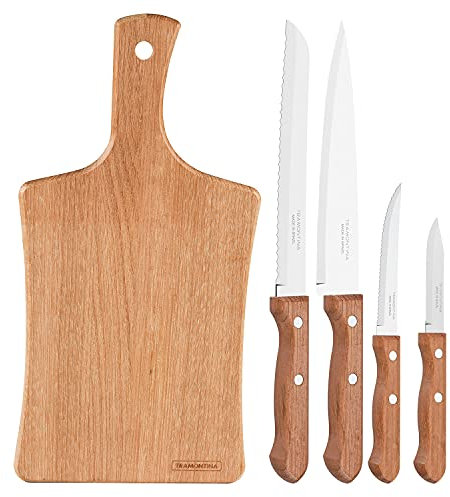 Tramontina - Juego de Cuchillos Dynamic, para Comida, en Acero Inoxidable y Mangos de Madera Natural, Utensilios con Remaches de Aluminio, Incluye Tabla de Madera, 5 Piezas