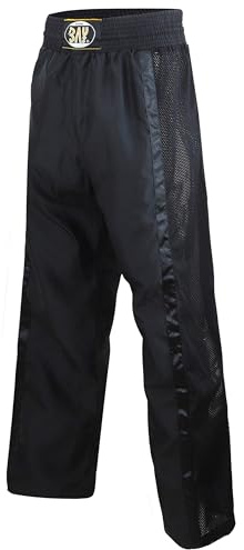 Bay Netz Mesh Kickboxhose Kampfsporthose Schwarz lang Mesh-Netzeinsatz Kontraststreifen in Schwarz seitlich Polyester Erwachsene Damen Herren Kinder Jungen Mädchen Größe XXL (200)