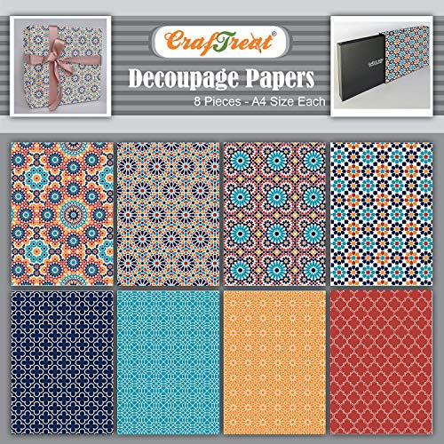 CrafTreat Dekorativt decoupagepapper för hantverk -Mosaik I och II - Storlek: A4 (21,3 x 30 cm) 8 st - decoupage-papper för möbler, trä och scrapbooking