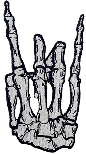 Aufnäher, bestickt, Design: Punkrock-and-Roll Skelettfinger Schwermetallmusik-Handsymbol-Zeichen, zum Aufbügeln oder Aufnähen