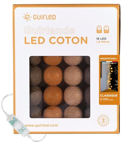 GuirLED - Guirnalda luminosa bolas de algodón LED USB- Luz de noche para bebé 2h - Adaptador de corriente dual USB 2A incluido - 3 intensidades - 16 bolas 1,6m - Mesopotamia