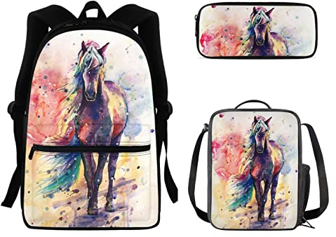 doginthehole Middle School Backpack School Bag for Kids Girls Boys, Lightweight Travel Daypack Bookbag Art Watercolor Horse Design Rucksack Lunch Box Pencil Bag, Set of 3