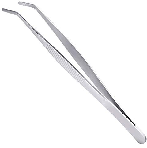 Forceps Tweezers, Serrated Bent Tweezers Flat Tips Precision Curved Science Surgical Tongs Jewelers Needle Metal Sewing Sharp Small Kitchen Cooking Tweezers with Teeth Knurled Handles (1PCS)