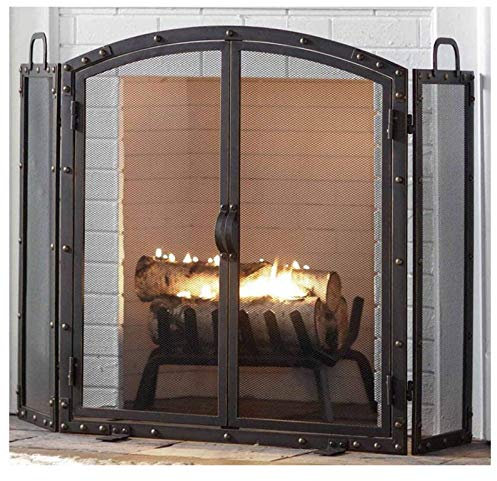 FUFU Funkenschutz Kamin-Bildschirm mit Türen, Massivschmiedeeisen Rahmen mit Metallgitter, dekorative Gestaltung, Freistehende Funkenschutz for Wohnzimmer, Schlafzimmer Décor Kaminzubehör