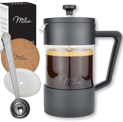 Milu fransk kaffepress | 350ml 600ml 1L | homgeek French Press Kaffeebereiter glas ersättningsfilter Kaffebryggare (svart, 1000ml (5 koppar)