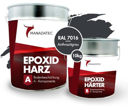 MANADATEC 2k Epoxidharz Bodenbeschichtung 10kg I RAL 7016 Anthrazitgrau I Lösemittelfrei, Umweltfreundlich & Geruchsneutral I Beschichtung für Garagen- & Kellerböden I Hohe Schlagfestigkeit