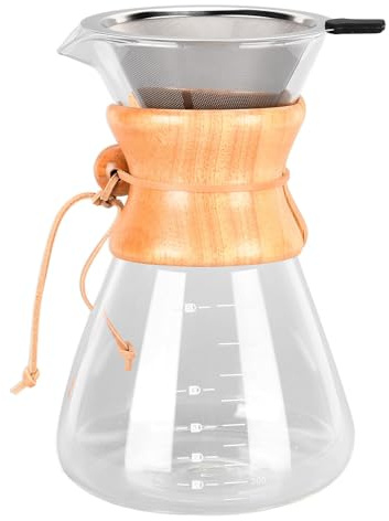 HERCHR Pour Over Coffee Maker, cafetera con gotero para café, jarra de vidrio sin papel, cafetera con filtro de acero inoxidable y funda de madera para viajes a casa(1000ml)