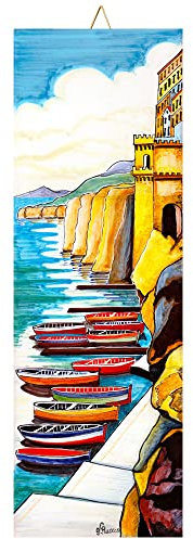 Baldosa cerámica cm. 10x30 con Impresión de un Paisaje de la Costa de Amalfi, Paisaje Sorrento Día Azulejo Ornamental para Colgar.