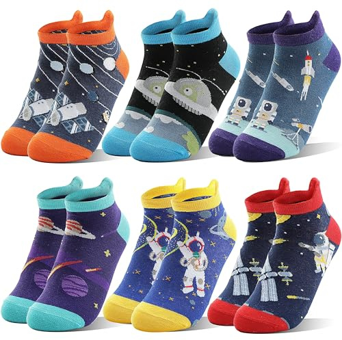 Welwoos Kinder Lustige Socken Jungen Sneaker Socken Bunte Kurze Kindersocken Cartoon Baumwolle Kleinkind Geschenke Socken 6 Paare Socken Jungen Kinder 27 34 33 28 32 26 (Weltraum, 9-14 Jahre)